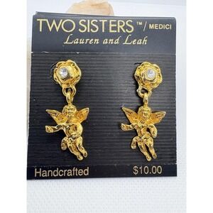Vintage 90s Two Sisters Medici‎ Gold Tone Cherub Drop Earrings Rhinestone Cupid